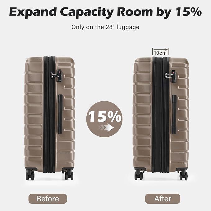 Coolife Luggage Sets, 3 Piece Hard Shell Suitcase Set with Spinner Wheels, Expandable Large Checked Luggage, Lightweight Rolling Carry On with TSA Lock Brown