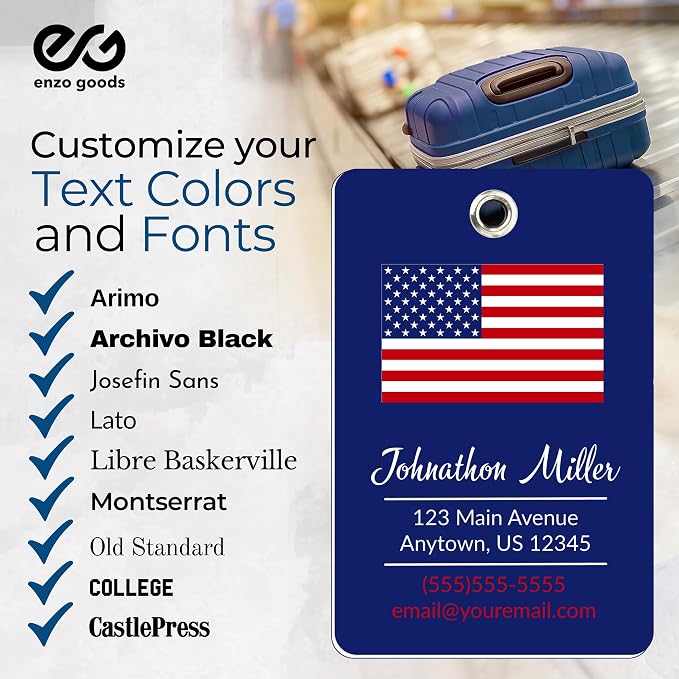 Personalized Luggage Tag with American Flag | Custom Luggage Tags for Suitcases | Kids Backpack Tag | 4 Color Options & Choose Font, Font Color