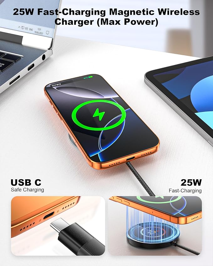 ZBF 25W Magnetic Wireless Charging Pad | USB-C for iPhone Samsung | Ultra-thin Strong Magnet,Fast Charging For Desk/Travel/Bedside/Office,Works with iPhone 17-12 & Samsung S26/S25,MagSafe