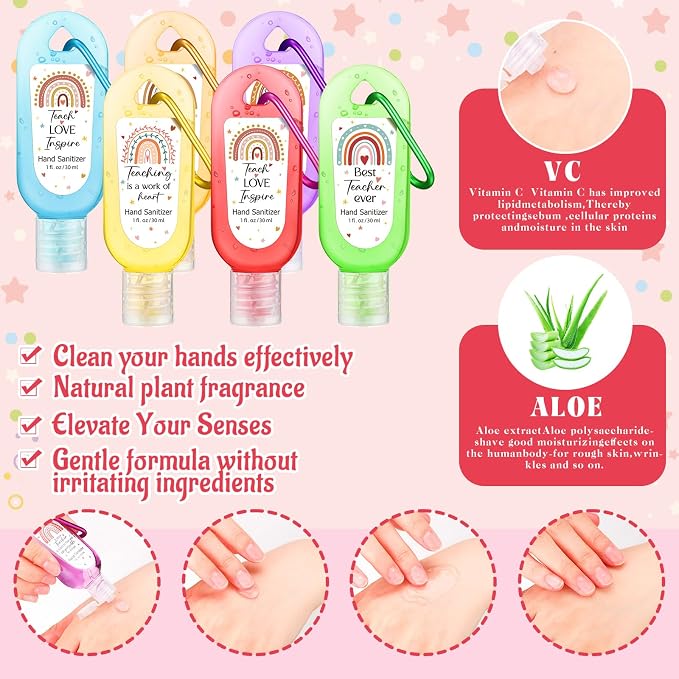 24 Packs Appreciation Teachers Gift Hand Sanitizers with Keychains Back to School Boho Rainbow Mini 1oz Travel Size Hand Sanitizer Gel Bulk Thank You Gift for Teacher Women First Day of School
