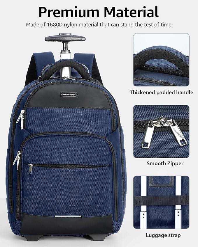 Ponhog Rolling Backpack, 30L Travel Laptop Backpack with Wheels, 15.6 Inch Personal Item Roller Luggage with USB Charging Port Flight Approved for Men Women Adults, Blue
