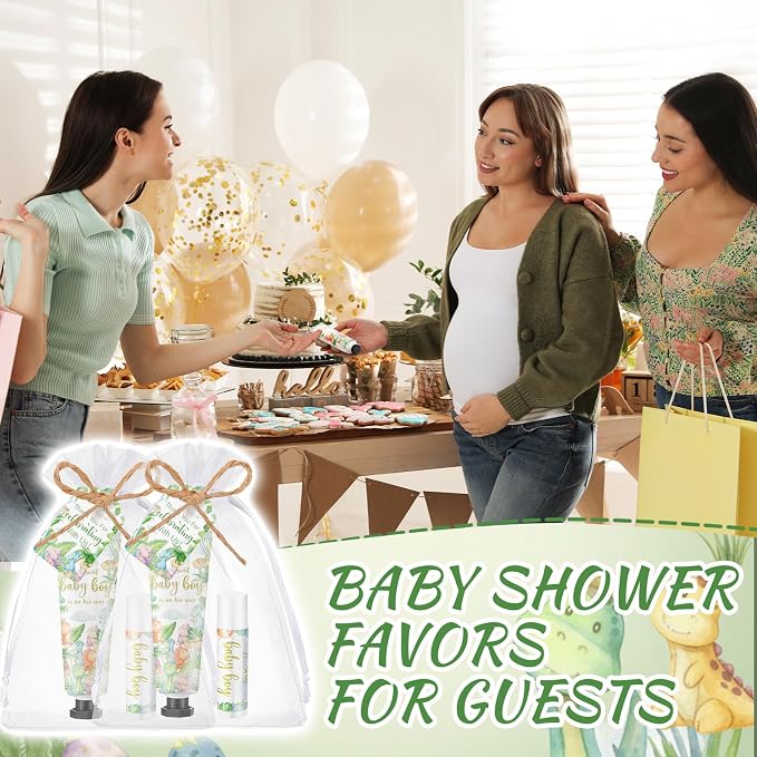 Lounsweer 24 Sets Dinosaur Baby Shower Favors for Guests Sweet Baby Boy Dino Party Favor Set with Hand Cream and Lip Balm Travel Size Lotion Gift with Thank You Cards