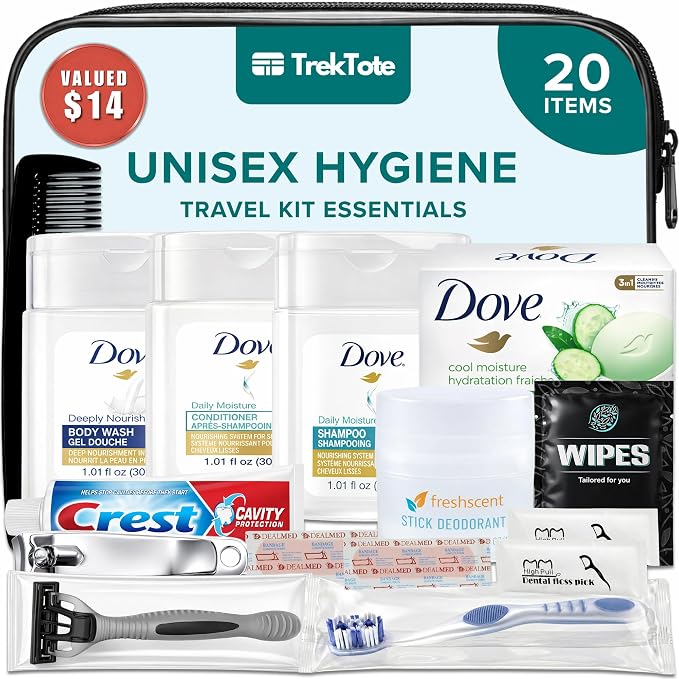 20 Piece Unisex Travel Hygiene Kit with Toiletries & Personal Care Essentials, TSA-Compliant, Individual and Bulk Packs Available