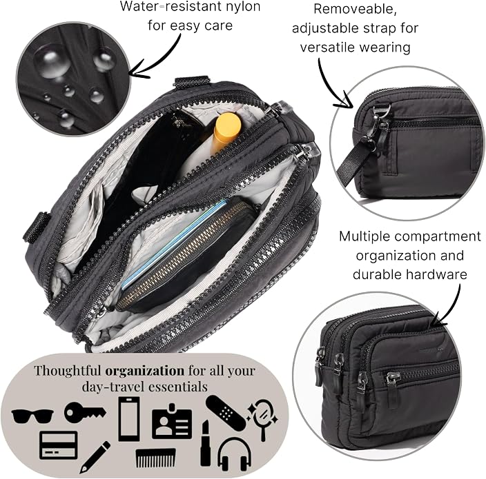 Baggallini Triple Zip Small Crossbody Bag for Women - Lightweight Convertible Fanny Pack Belt Bag