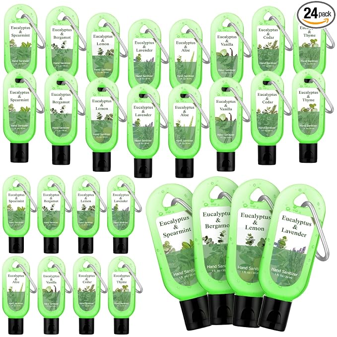 24 Packs Eucalyptus Hand Sanitizer with Keychains Scented Hand Sanitizer Gel 1 oz Travel Size Pocket with Carabiner Clip Eucalyptus Gel for Purse Backpack Adult Office Nurse