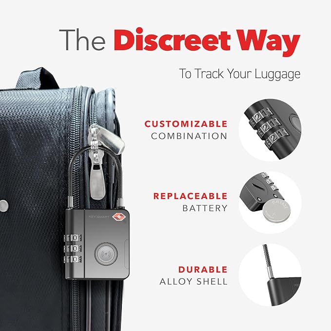 KeySmart SmartLock Tracking Luggage Locks, TSA Locks for Luggage, GPS Tracker, Combination Lock Compatible with Apple Find My App, Best Travel Essentials, Replaceable Non-Rechargeable Battery (3 Pack)