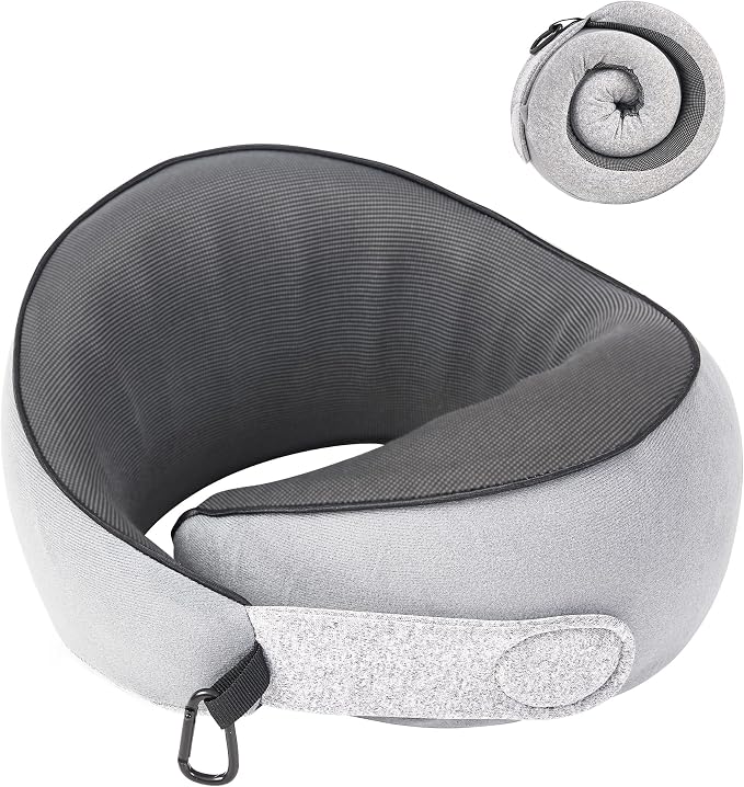 KPNEOL Travel Pillow, 100% Pure Memory Foam Travel Neck Pillow Airplane Neck Support Ergonomic Design for Traveling Suitable for Airplanes,Offices-Grey-Small Size