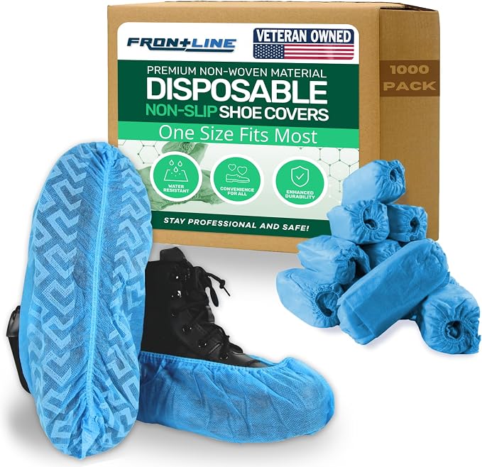 Frontline Shoe Covers Disposable Non-Slip, Premium Non-Woven Durable Booties Shoes Covers – Water Resistant Thick Anti-Slip - One Size Fits Most by Frontline (Blue 1000 Pack)