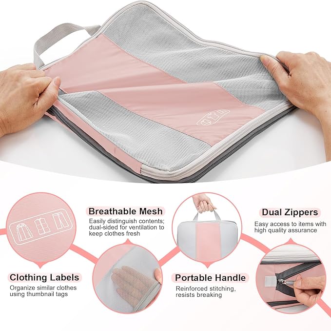 10 Set Compression Packing Cubes for Travel Essentials,Compressible Expandable Packing Cubes for Suitcase,OlarHike Luggage Garment Bags for Travel,Handy Helper for Organizing Clothes(Pink)