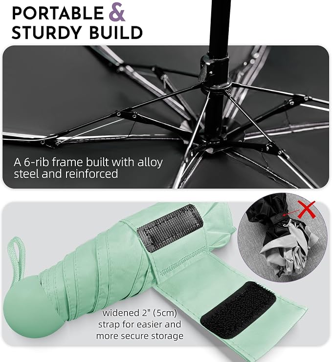Travel Mini Umbrella Compact Small & Lightweight, UV Rain Protection, Pocket-Sized Folding Umbrellas with Quickdraw & Case for Men Women & Kids Backpack