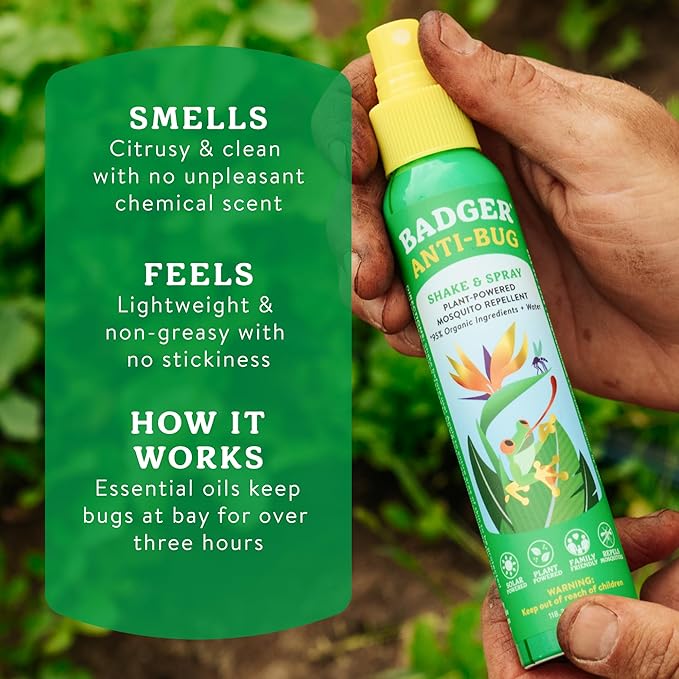 Badger Bug Spray, 3-Hour DEET-Free Mosquito Repellent, Family Friendly, Citronella & Organic Essential Oils, Natural & Vegan Insect Repellent Spray, 4 fl oz Aluminum Bottle