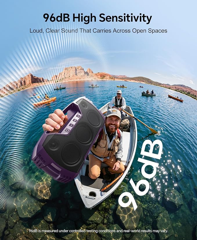 IPX7 Waterproof Outdoor Bluetooth Speaker, Wireless, 90W(Peak), 32H Playtime, Floating Design, Deep Bass & Loud Stereo Sound, Portable with Handle, Rugged for Pool, Beach, Kayaking, Hiking, Purple
