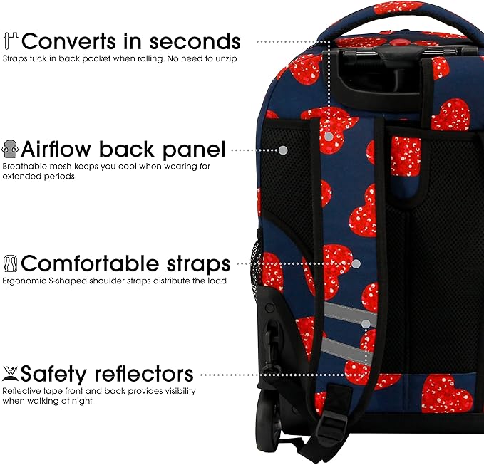 J World Sunrise Kids Rolling Backpack for Girls Boys. Roller Bookbag With Wheels For School, Love Spangle
