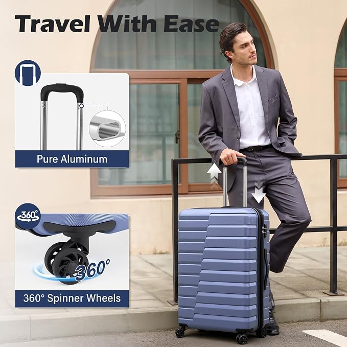Coolife Expandable Large Checked Luggage with Spinner Wheels, Hard Shell Suitcase TSA Lock Rolling Travel Luggage 28-inch,Blue