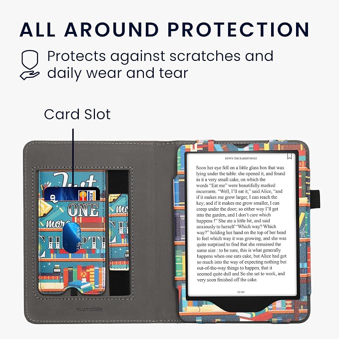 kwmobile Case Compatible with Amazon Kindle Paperwhite (2024)/Colorsoft - Case PU Leather Cover with Magnet Closure, Stand, Strap, Card Slot - Library Motto Multicolor