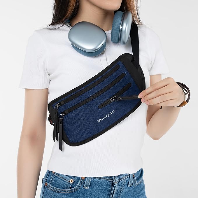 Sherpani Jett, Travel Money Belt, Secure Waist Bag, Slim Passport Holders, Blocking Hidden Wallet Belt Bag, Fanny Pack for Women, Travel Gift, RFID Protection (Indigo Lite)