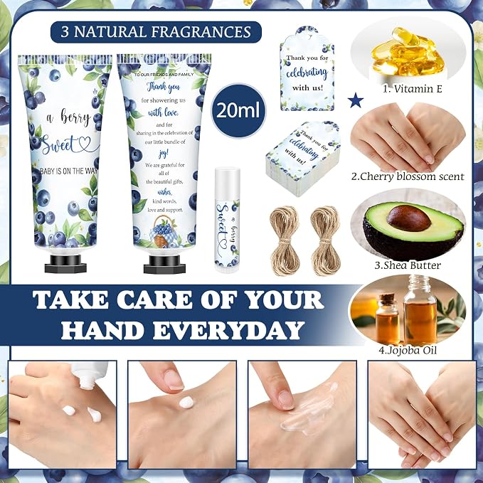 50 Sets 200 Pcs Blueberry Baby Shower Gifts Bulk Hand Lotion and Lip Balm Party Favors a Berry Sweet Is on the Way Theme Travel Size Hand Lotion and Lip Balm with Organza Bags Tags