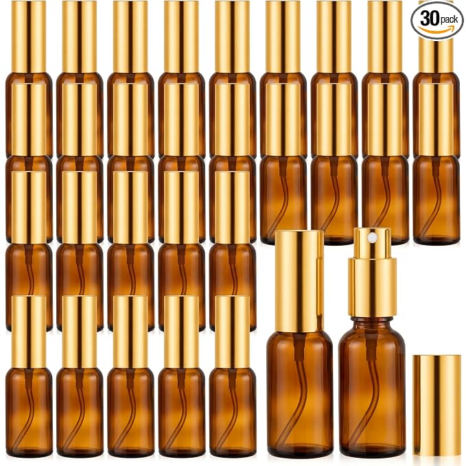 Roshtia 30 Pcs Glass Spray Bottle Clear Empty Bottles Small Refillable Reusable Perfume Bottle with Fine Mist Sprayer Pump for Face Body Travel(1 oz,Amber)