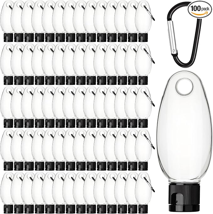 Yalikop 100 Pcs Traveling Bottles with Keychain 2oz Clear Plastic Keychain Bottle Leakproof Refillable Empty Keyring Container Liquid Packing Container Portable Bottle with Lid for Liquid Cream