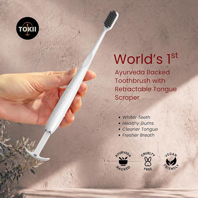 TOKII Tongue Scraper & Tongue Cleaner for Adults, 2-in-1 Toothbrush with Sliding Tongue Scraper, Charcoal Ultra Soft Bristles, Ayurvedic-Inspired, Includes Travel Toothbrush, Stand & Waterproof Pouch