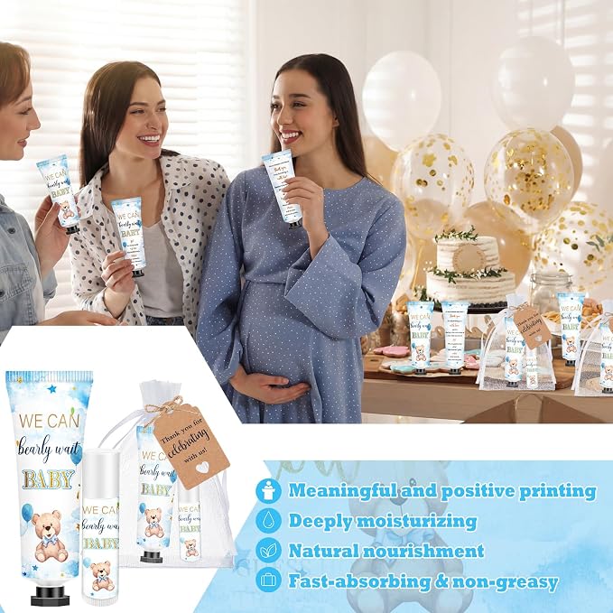 50 Sets 200 Pcs Blue Theme Bear Baby Shower Hand Lotion and Lip Balm Gift Theme Baby Shower Party Favors Travel Size Hand Lotion and Lip Balm Bulk with Organza Bags Tags