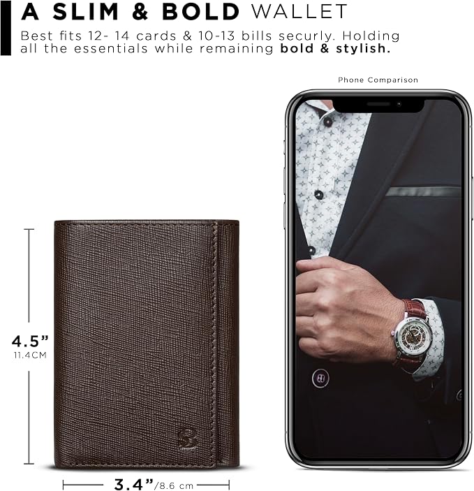 SERMAN BRANDS Trifold Wallet for Men - RFID Blocking Full Grain Leather, 11 Card Slots & ID Window, Slim Everyday Carry, Durable Stitching, Gift for Him