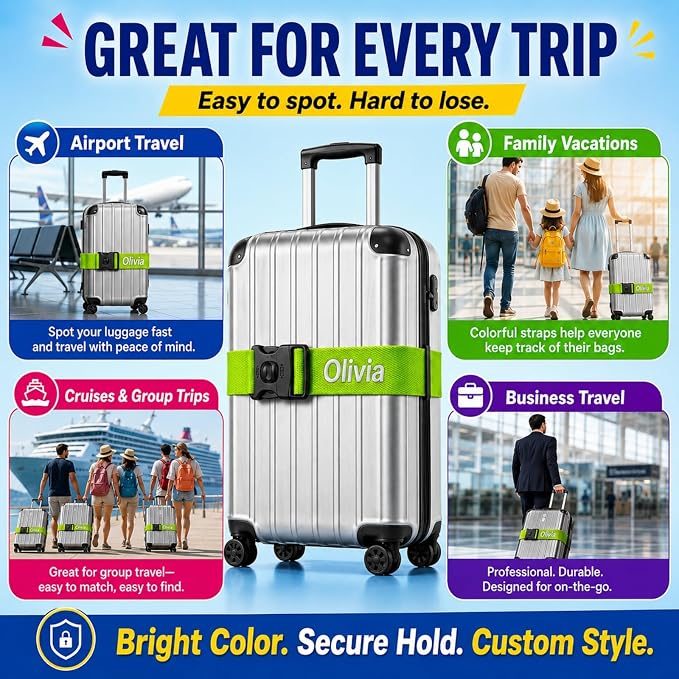 Personalized Luggage Strap with Safety Locking Buckle,1 Pc Custom Embroidered Names & Text, Adjustable Travel Belt for Suitcases, Prevents Accidental Opening, Ideal for Travel & Gifts(1)