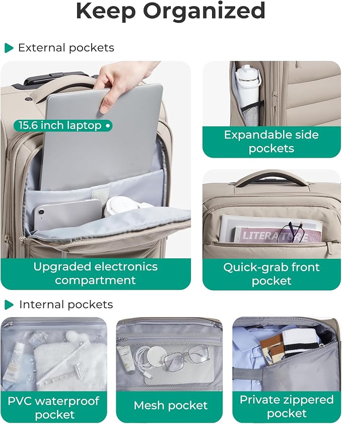 BAGSMART Carry On Luggage 22x14x9 Airline Approved, 20 Inch Soft Suitcase with Wheels, Lightweight Spinner Carry on Suitcase with PVC Wet/Dry Pockets for Short Trip, Camel