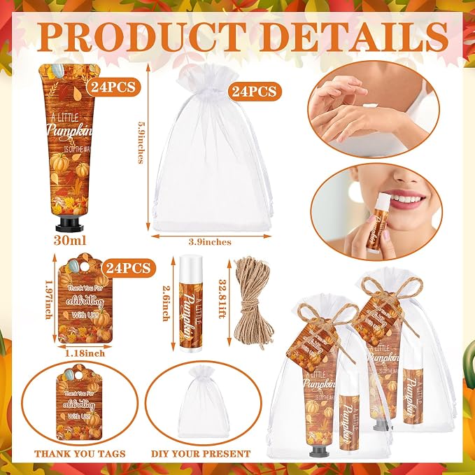24 Sets Little Pumpkin Baby Shower Hand Cream and Lip Balm Gift a Little Pumpkin Is on the Way Baby Shower Party Favor Travel Size Hand Lotion and Lip Balm Bulk with Organza Bag and Tag for Guests