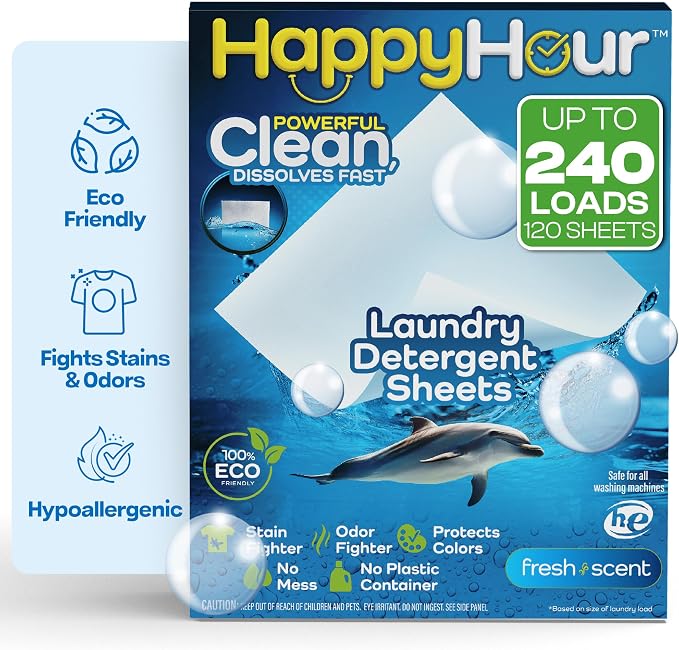 HAPPY HOUR Laundry Detergent Sheets Value Pack with up to 240 Loads, Non Toxic Laundry Sheets Detergent Soap for Sensitive Skin, Recyclable Eco Friendly, Perfect for Travel - Fresh Scent