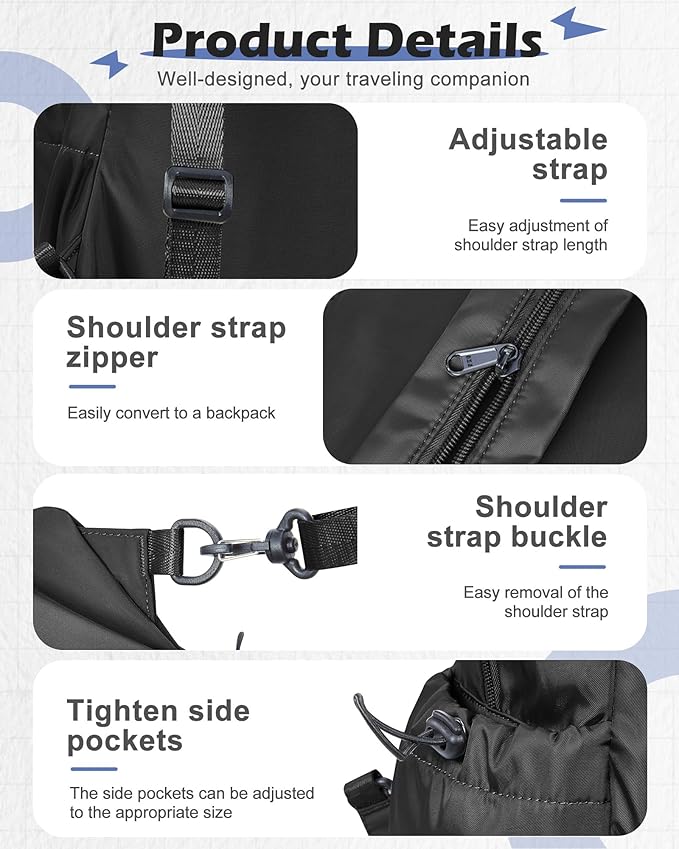SEAFEW Large Black Convertible Sling Crossbody Backpack Shoulder Bag for Men Women, Waterproof Nylon Chest Bag One Strap Back Pack for Hiking Walking Biking Travel Cycling with USB Charger Port