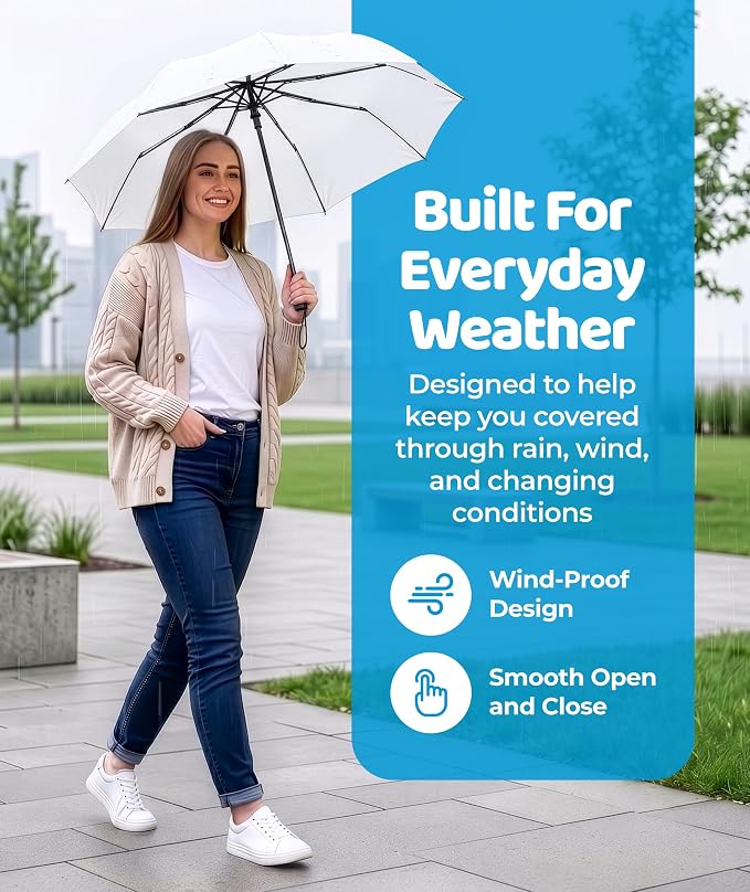 Rain-Mate Windproof Compact Umbrellas for Rain - Strong Reinforced Fiberglass Rib Design & Auto Open & Close - Portable Folding Travel Umbrella - Lightweight & Packable for Women & Men, Easy Collapse