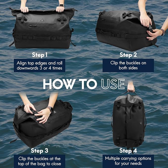Haimont IPX7 Waterproof Roll-Top Dry Duffel Backpack | 60L/90L Sizes, 500D Tarpaulin, Welded Seams, Mesh Pockets, Boating & Kayaking