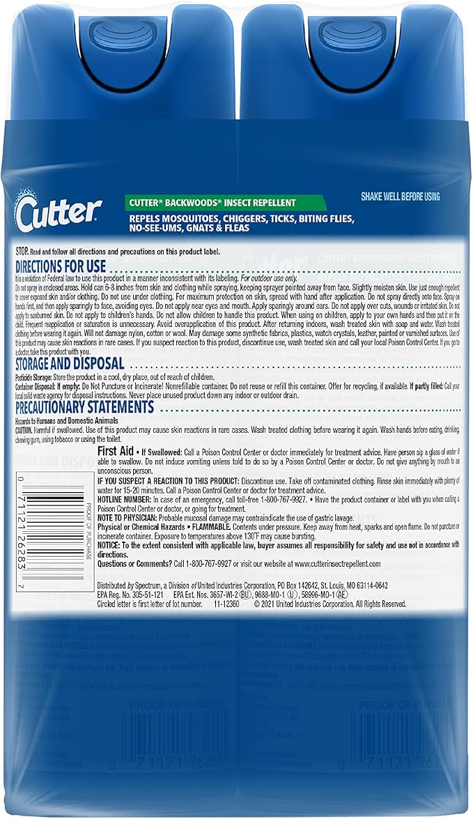 Cutter Backwoods Insect Repellent 6 Ounces, 2-Pack Aerosol, Repels Up To 10 Hours