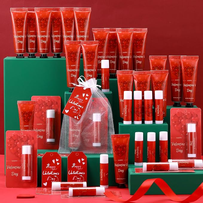 30 Sets Valentine's Day Hand Cream and Lip Balm Gift Bulk for women Romantic Love Heart Gifts with Organza Bag, Tag, Valentine Party Favors for family Teacher Nurse Coworker