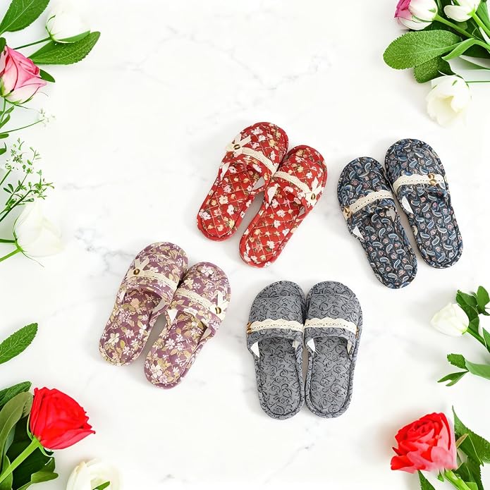 12 Pairs Floral Cotton House Slippers Washable Indoor Cotton Slippers Open Women Toe for Airplane Travel Hotel Guest Spa,2 Sizes