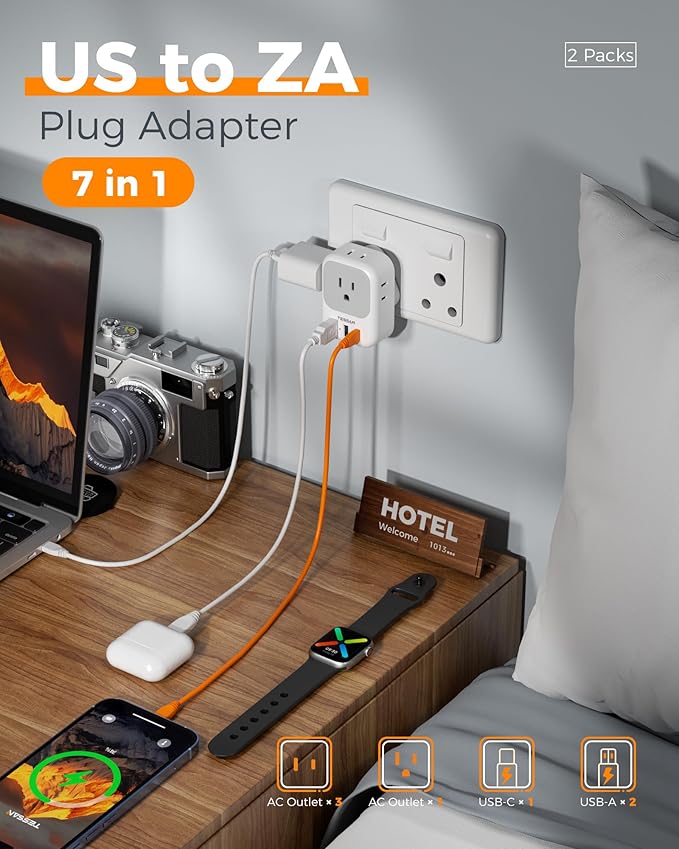 TESSAN Type M Adapter for South Africa Plug, South Africa Power Adapter 4 AC Outlets 3 USB Ports(1 USB C PD 20W), Travel Adaptor US to Botswana Namibia Nepal Bhutan, 2 Pack