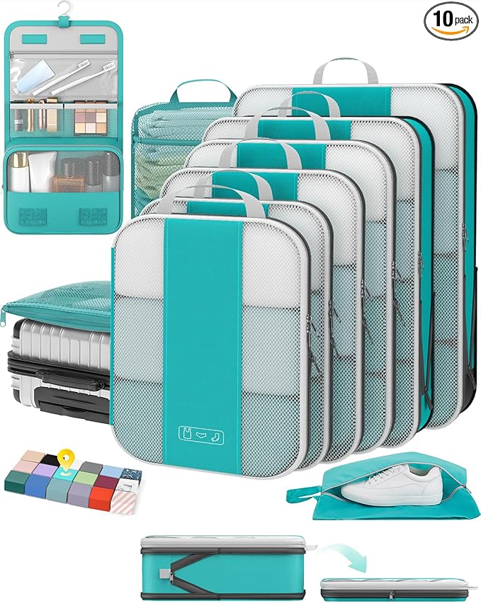 10 Set Compression Packing Cubes for Travel Essentials,Compressible Expandable Packing Cubes for Suitcase,OlarHike Luggage Garment Bags for Travel,Handy Helper for Organizing Clothes(Blue Green)