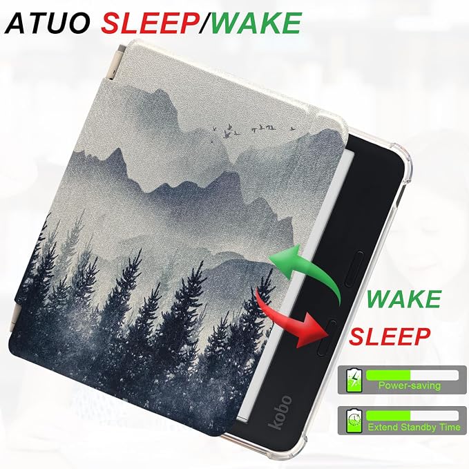 Folio Leather Case for 7" Kobo Libra Colour (2024) eReader - Ultra-Thin Enhanced Auto Sleep/Wake Cover with Transparent TPU Back, Magnetic Closure, Stylus Holder (Misty Forest)