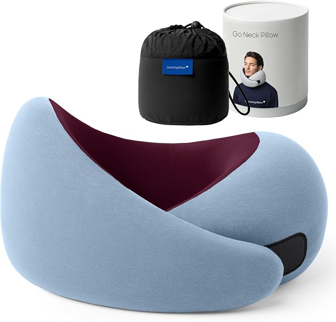 Ostrichpillow Go Neck Pillow, Travel Pillows for Airplanes, Premium Memory Foam Travel Pillow, 360º Ergonomic Design, Asymmetrical Sides, Travel Bag Included, Washable Modal Cover