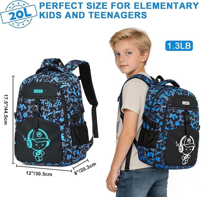 Bluboon Boys School Backpack, Lightweight Kids Bookbag for Elementary and Middle School, Water-Resistant Student Backpack Fits 15.6 Inch Laptop, Chest Strap, Multiple Pockets