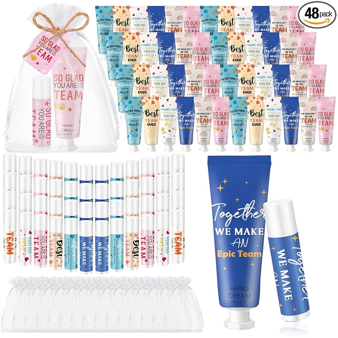 48set/192pcs Best Team Ever Gifts Team Appreciation Thank You Gifts for Coworkers Women Employee Appreciation Gift Party Favors Basket Stuffers Items Travel Hand Lotion and Lip Balm Set