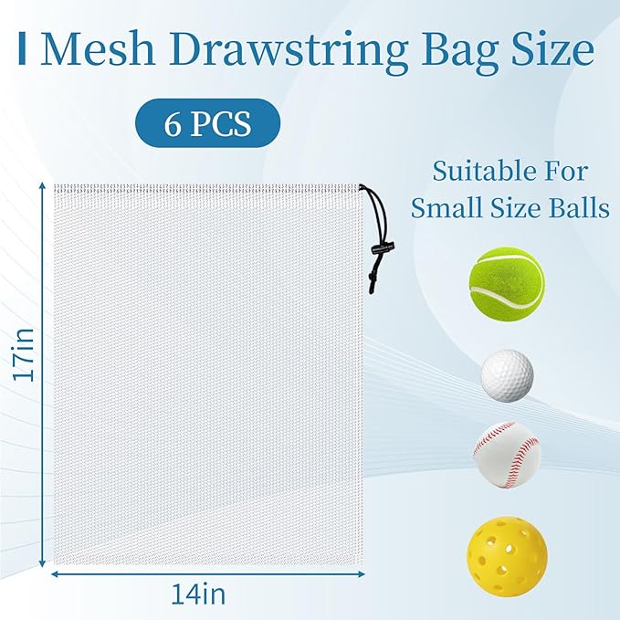 6 Pcs Mesh Bags Drawstring, 14x17 Inch with Lock, Multipurpose Storage Bags for Gym, Balls, Beach, Laundry (White)