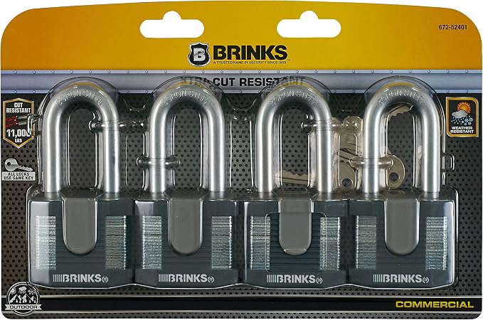 BRINKS - 50mm Commercial Laminated Steel Keyed Padlock with 2” Shackle, 4-Pack - Solid Steel Body with Boron Steel Shackle