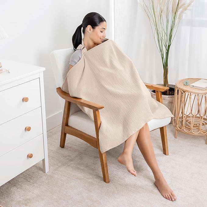 Comfy Cubs Muslin Nursing Cover Pack of 2, 100% Cotton Muslin Breastfeeding Cover for Moms, Soft & Breathable Baby Nursing Scarf, Adjustable Neck Strap - Privacy Coverage - Sand and Cedar