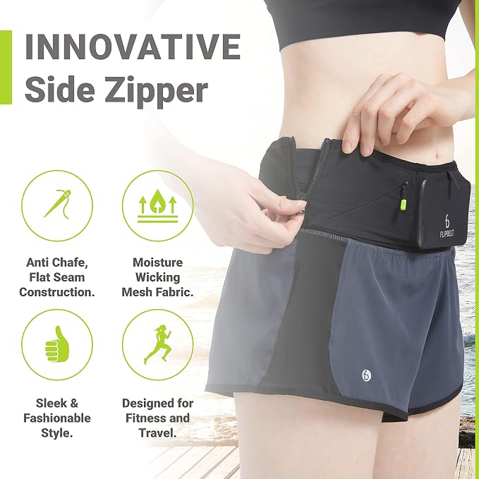 FlipBelt Lightweight Running Air Belt, Fitness and Running Fanny Pack for Women and Men, Non Chafing Waist Band Pack for Phone, Keys, Money, Moisture Wicking Storage Belt, USA Company
