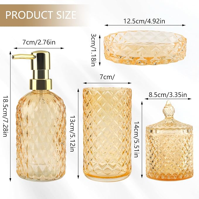5Pcs Clear Gold Bathroom Accessories Set,Glass Bathroom Accessory Set, Bathroom Counter Sink Toothbrush Holder Set Includes 13.5oz Hand/Lotion Soap Dispenser & Tumbler & Soap Dish & Qtip Holders