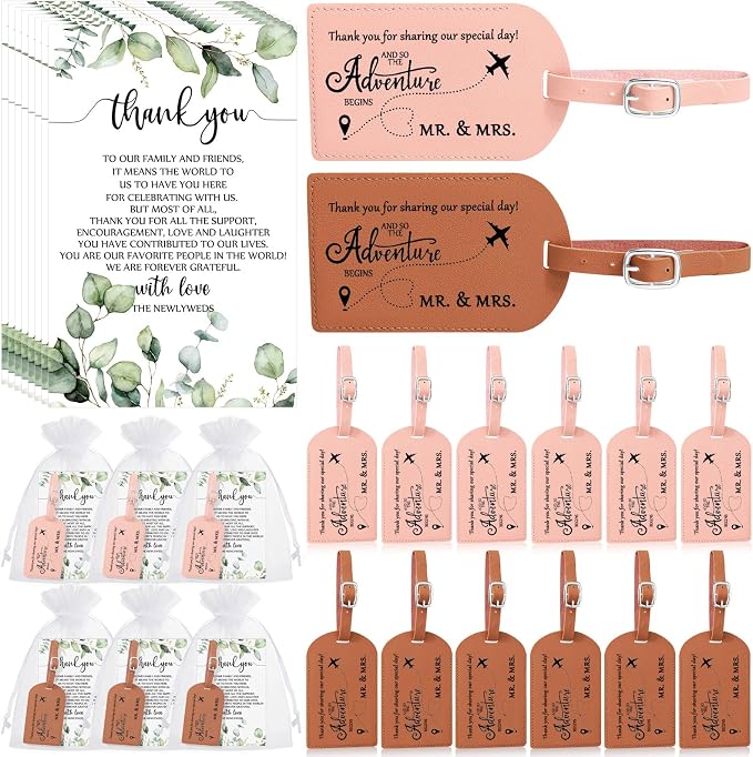 Dandat 50 Sets Luggage Tags Bulk Destination Wedding Favors for Guest Adventure Begins Favor with Thank You Cards and Organza Bags for Travel Wedding Bridal Shower Return Favors, Pink Brown