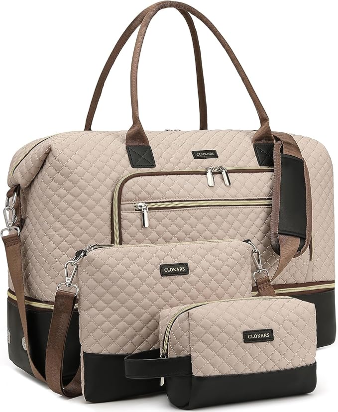 Weekender Bags for Women Travel, Under Seat Carry On Bags for Airplanes Overnight Bag with Shoe Compartment Luggage Sleeve, Foldie Travel Tote Bag Hospital Bag, Travel Gifts, Nude Black