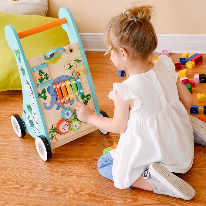Teamson Kids Preschool Play Lab Wooden Baby Walker and Activity Station, Natural/Blue | Activity Station